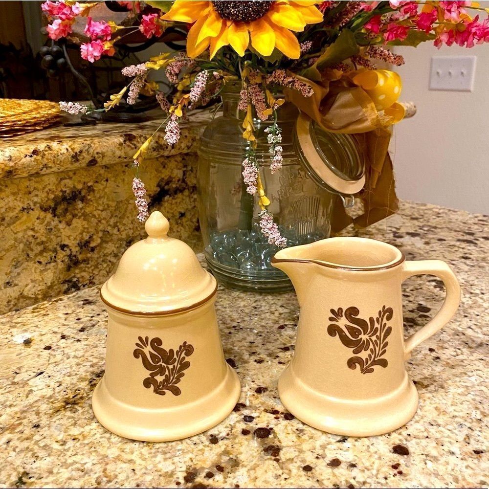 Vintage Pfaltzgraff Village Pattern Cream and Sugar Set USA Made Stoneware